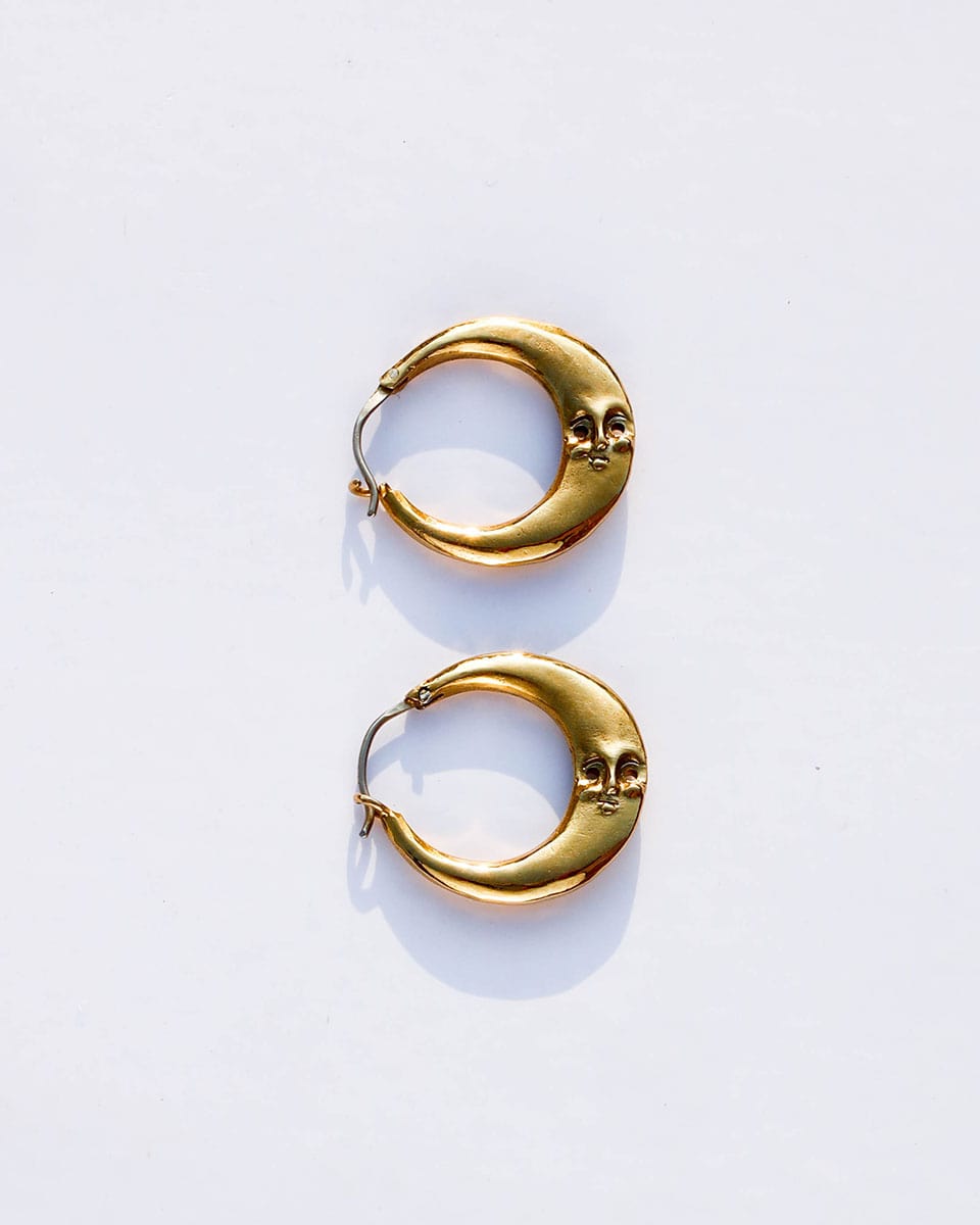 a pair of solid brass full moon hoops earrings, handmade by fake plastic love