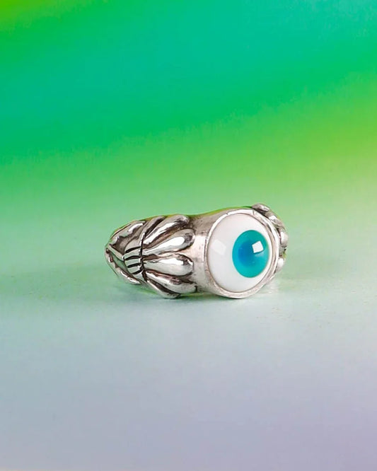 glass eye handmade sterling silver ring with floral pattern, wax carved lost wax ring, by Fake Plastic Love
