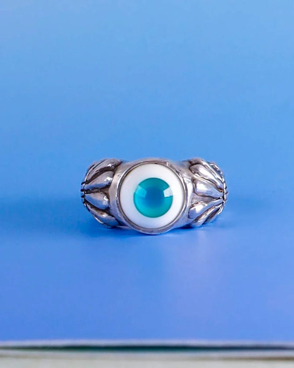 glass eye handmade sterling silver ring with floral pattern, wax carved lost wax ring, by Fake Plastic Love