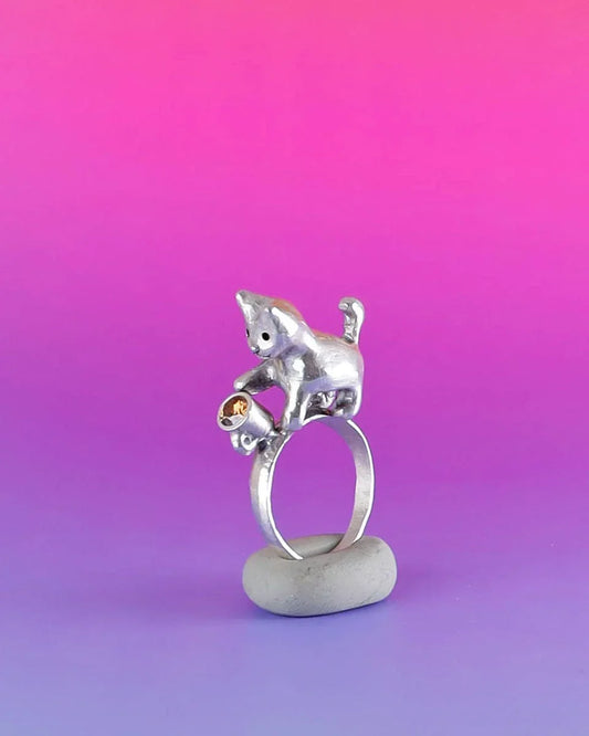 naughty kitty sterling silver ring, cat pushing cup off table, handmade jewellery, by fake plastic love