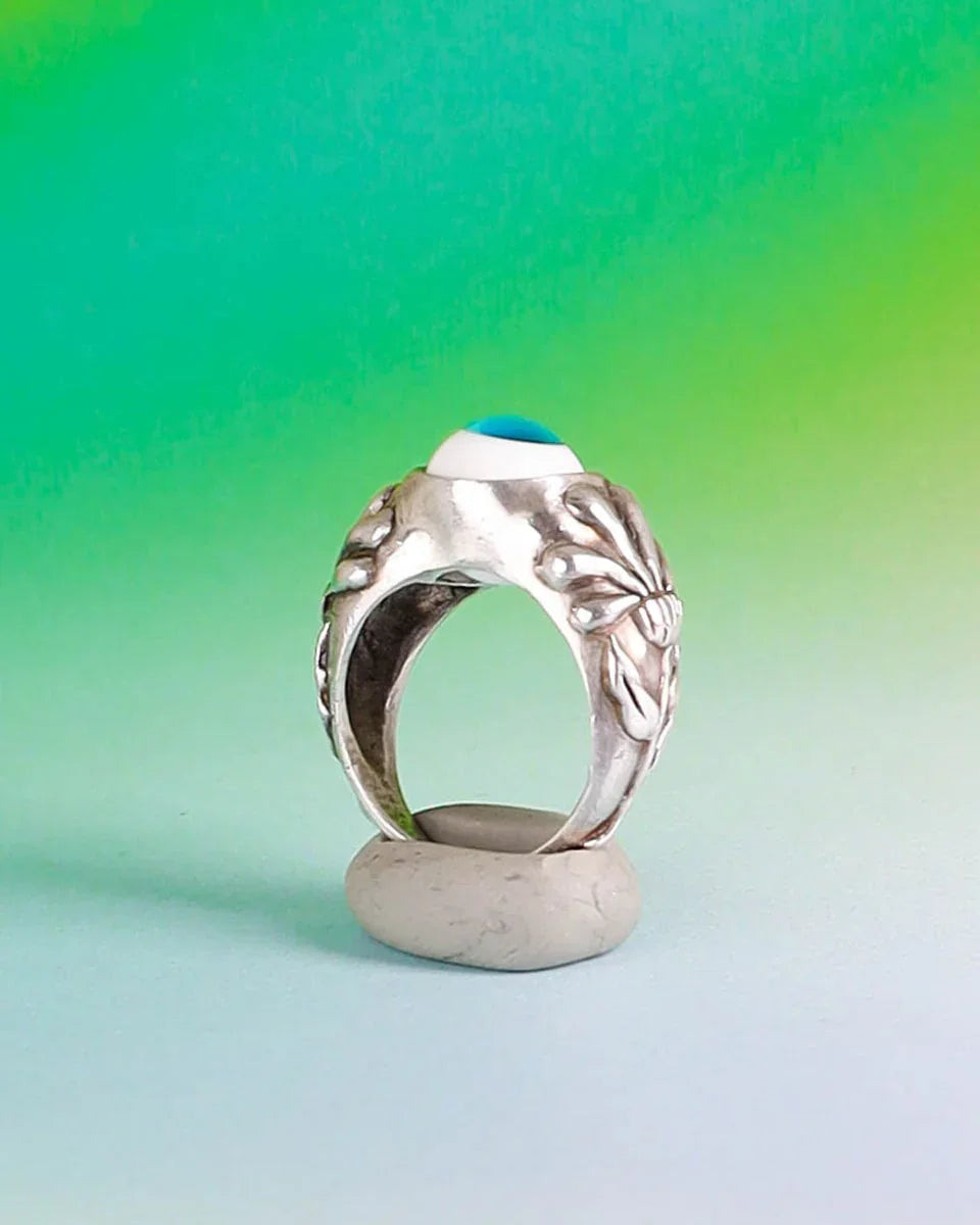 glass eye handmade sterling silver ring with floral pattern, wax carved lost wax ring, by Fake Plastic Love