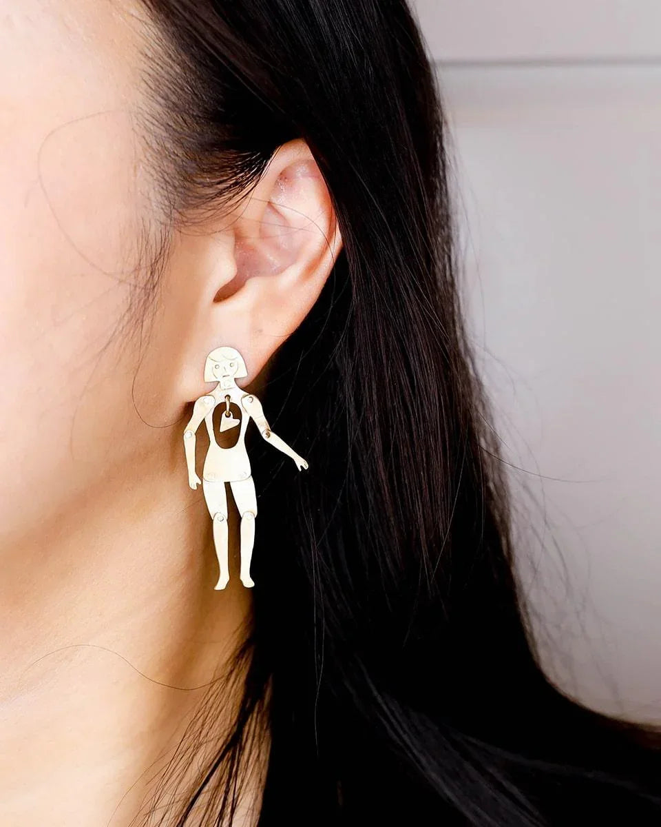 The Person With a Tiny Heart, articulated joints doll earring, handmade by fake plastic love