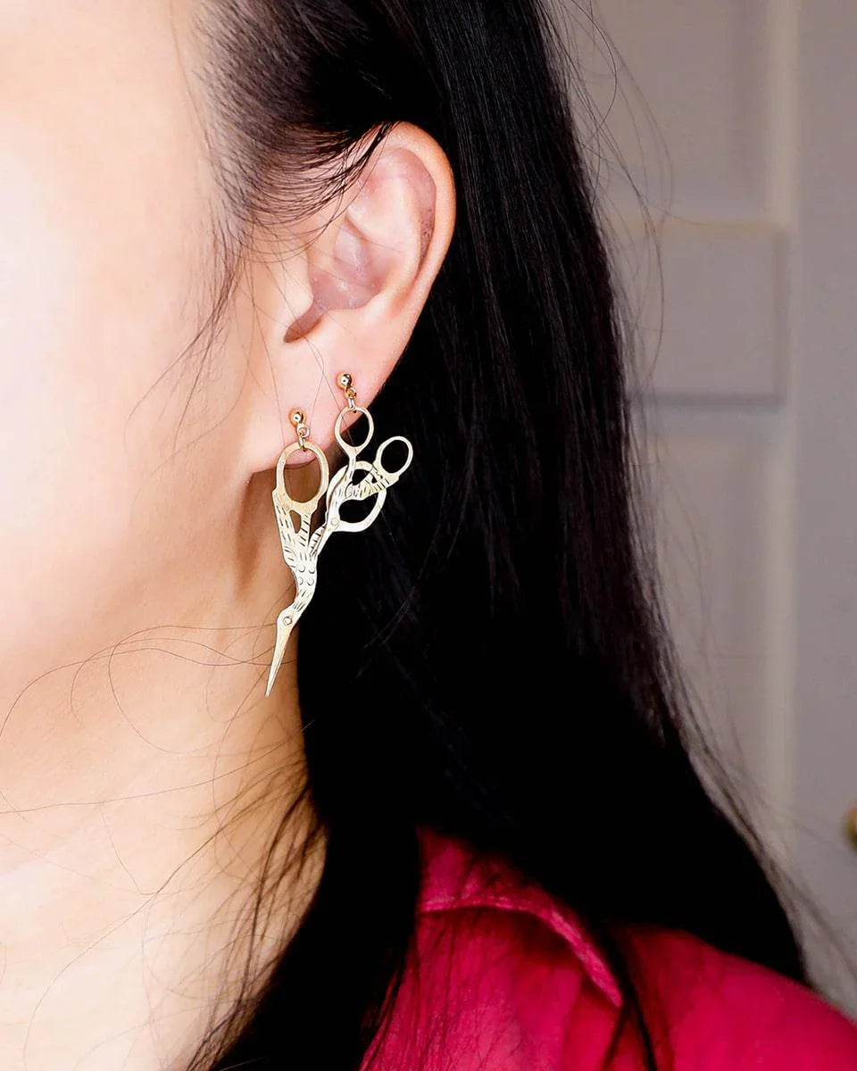 Embroidery Stork Scissors Earring