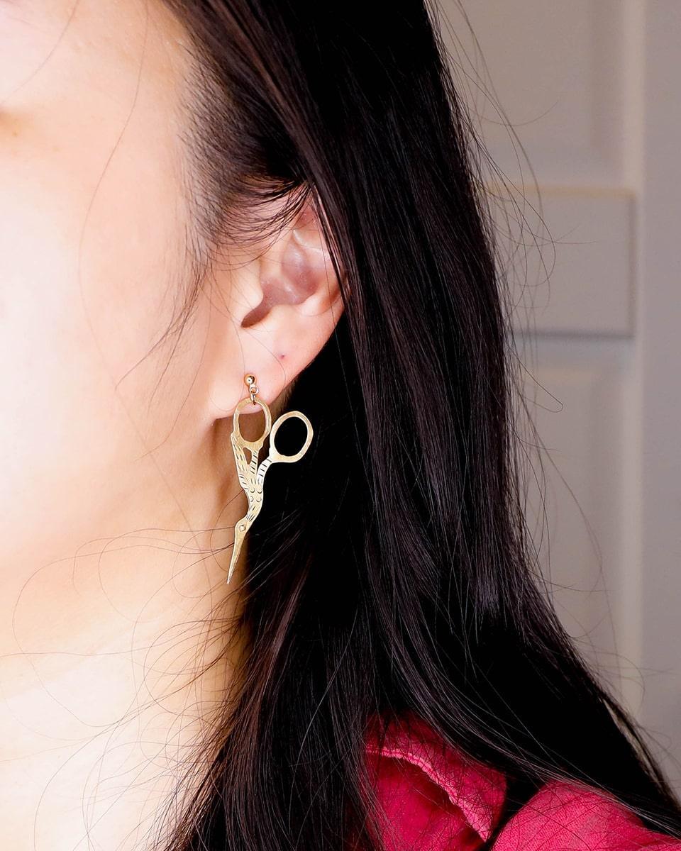 Embroidery Stork Scissors Earring