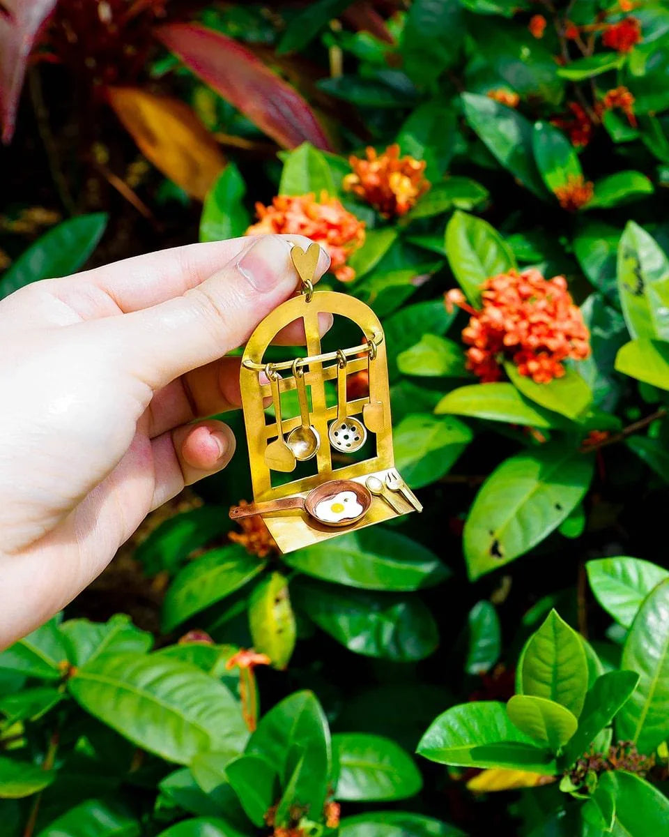 there is food at home earring, miniature kitchen jewellery with vitreous enamel egg, handmade by fake plastic love