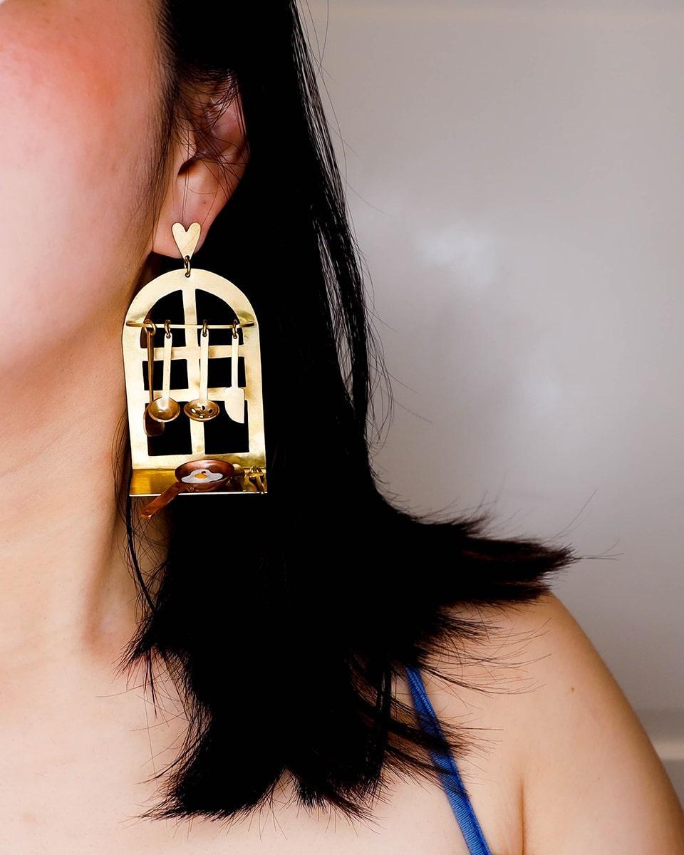 there is food at home earring, miniature kitchen jewellery with vitreous enamel egg, handmade by fake plastic love