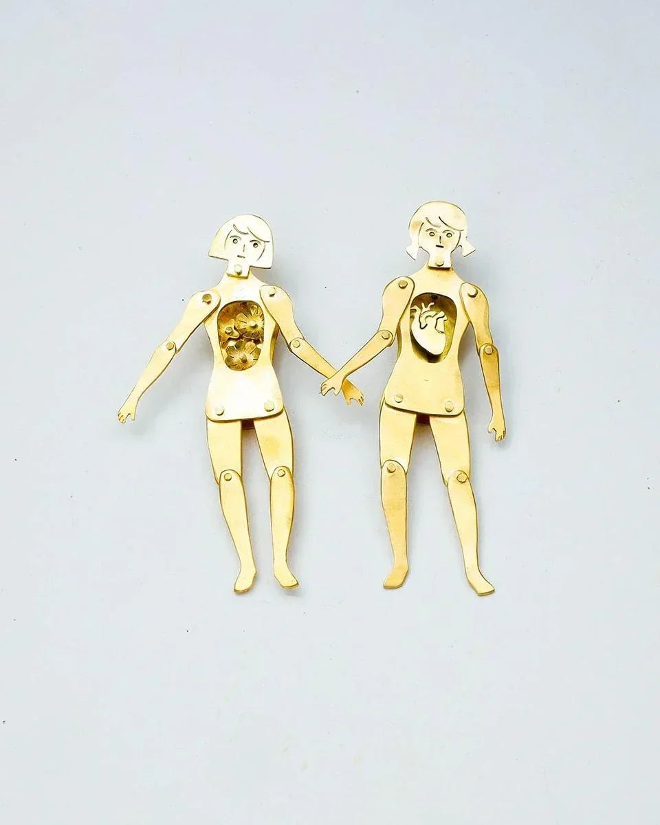The Heartless Person And The Person With A Big Heart, handmade articulated doll earring, by fake plastic love
