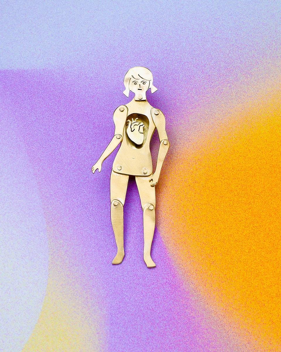 The Heartless Person And The Person With A Big Heart, handmade articulated doll earring, by fake plastic love