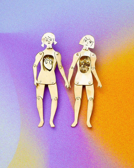 The Heartless Person And The Person With A Big Heart, handmade articulated doll earring, by fake plastic love