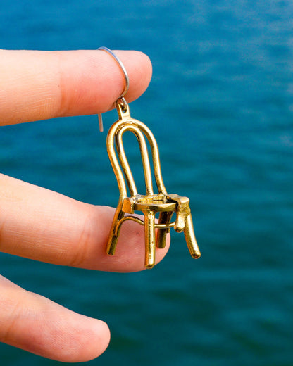 miniature chair with socks brass earring, handcrafted wearable sculpture