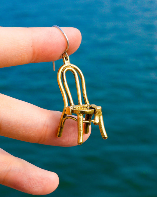 miniature chair with socks brass earring, handcrafted wearable sculpture