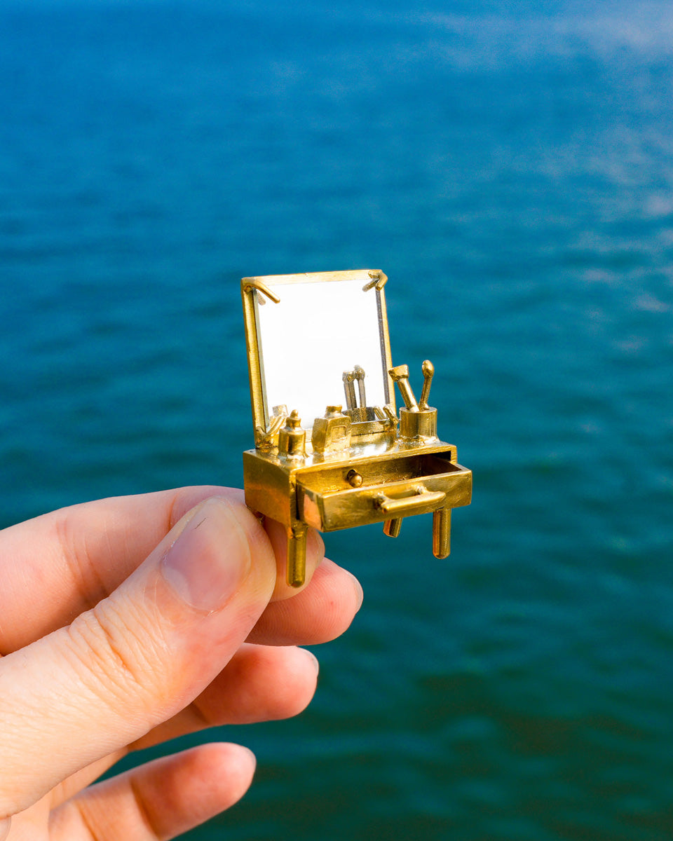 handmade miniature Vanity table Jewellery - Functional Drawer and Mirror Pendant/Earring in brass