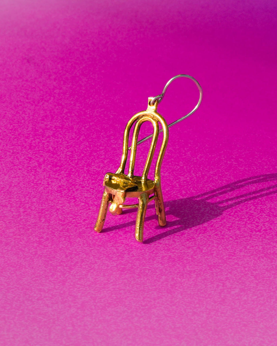 miniature chair with socks brass earring, handcrafted wearable sculpture
