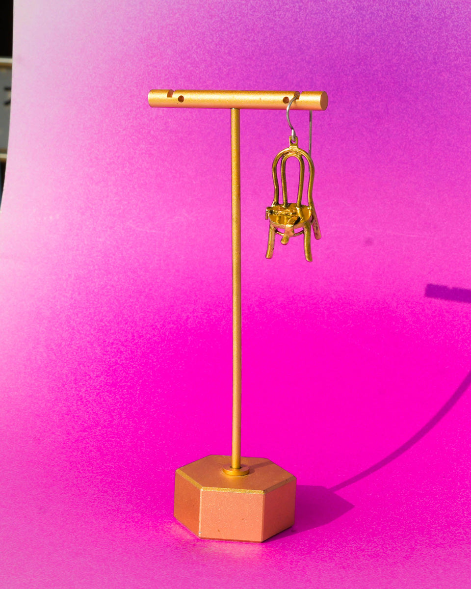 miniature chair with socks brass earring, handcrafted wearable sculpture