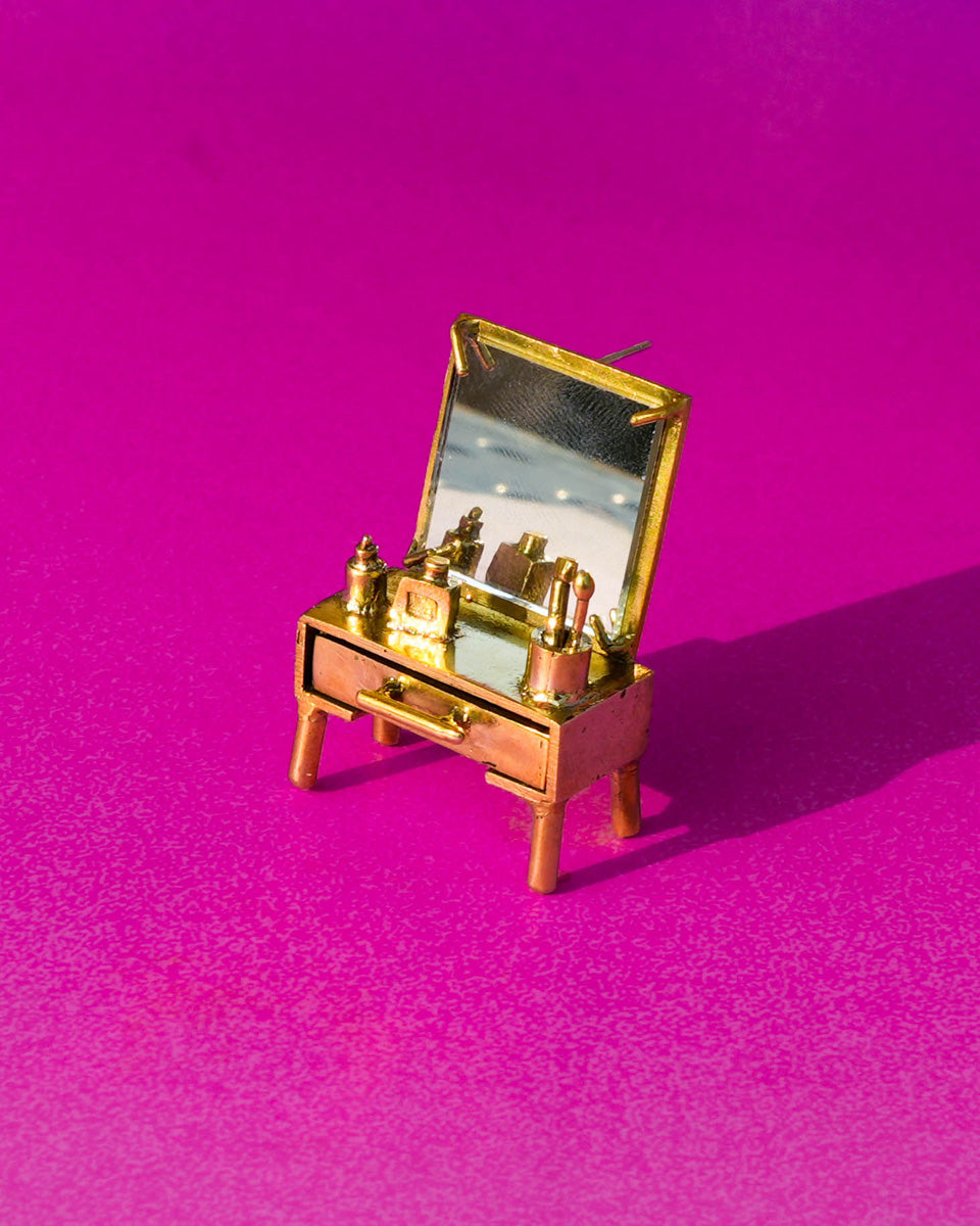 handmade miniature Vanity table Jewellery - Functional Drawer and Mirror Pendant/Earring in brass