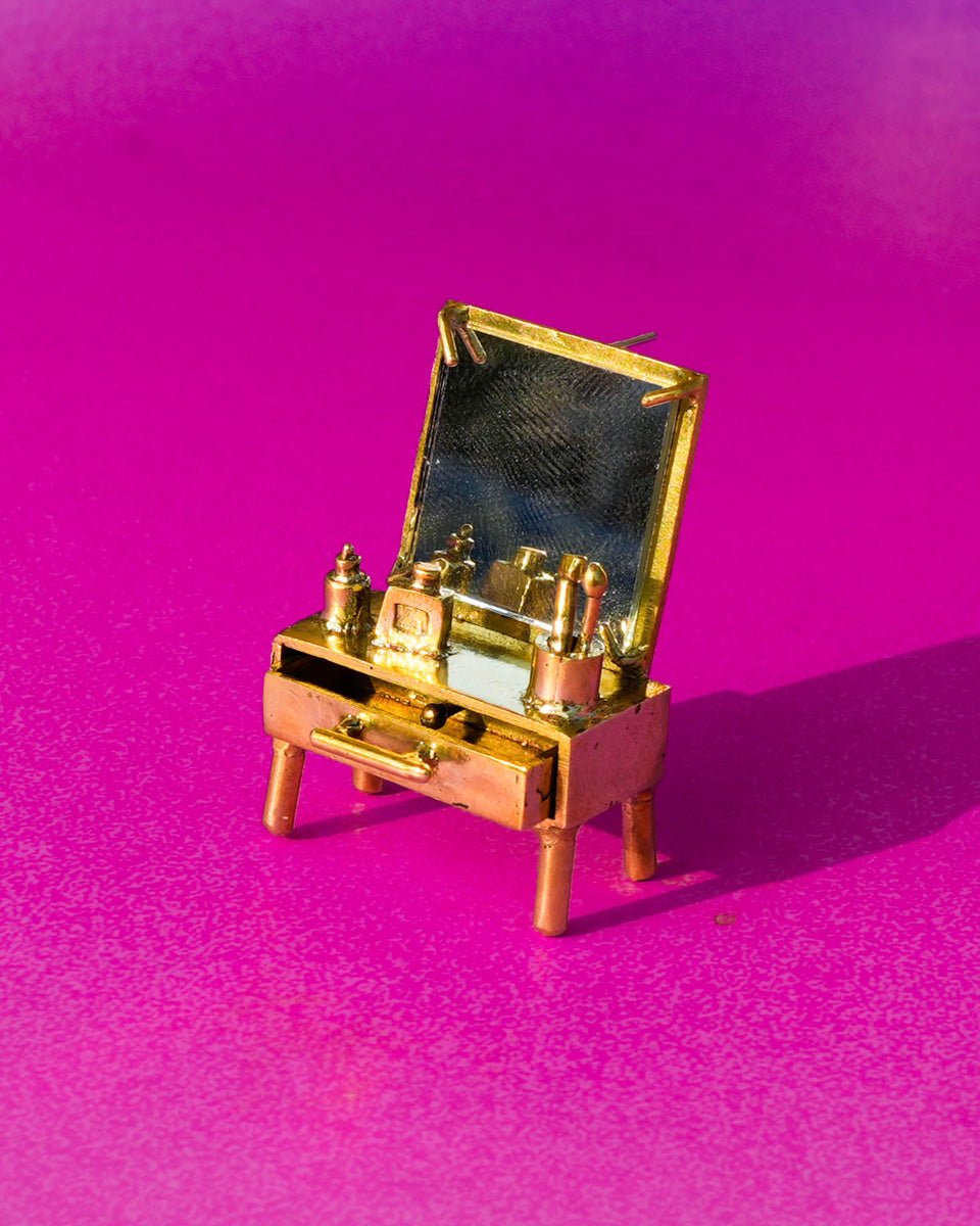 handmade miniature Vanity table Jewellery - Functional Drawer and Mirror Pendant/Earring in brass