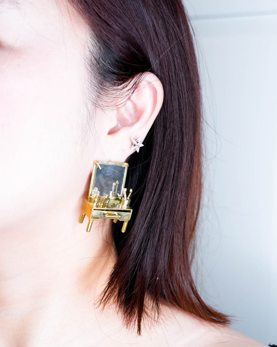 close up of a miniature Vanity table Jewellery - Functional Drawer and Mirror Pendant/Earring in brass