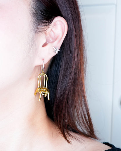 miniature chair with socks brass earring, handcrafted wearable sculpture