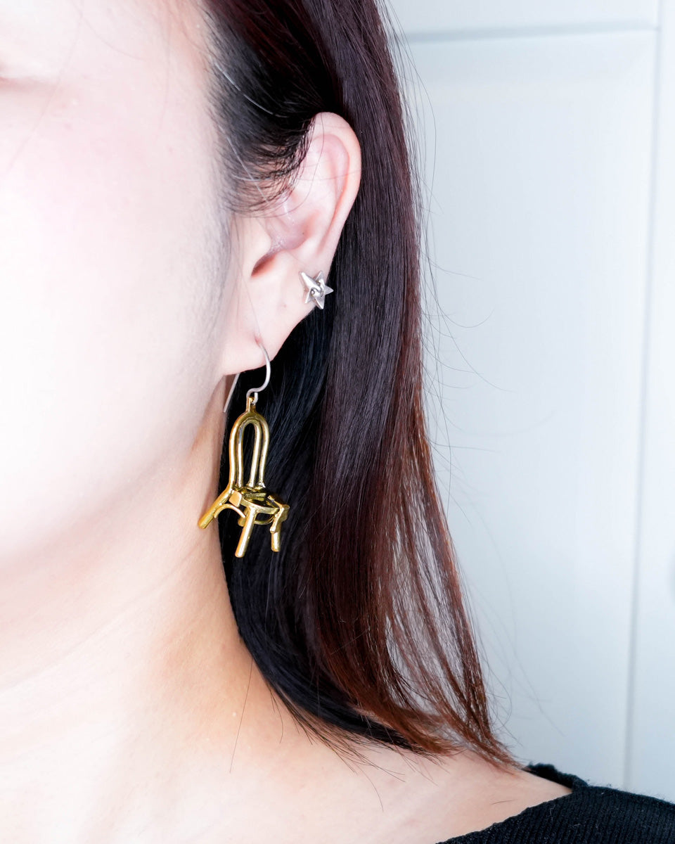 miniature chair with socks brass earring, handcrafted wearable sculpture