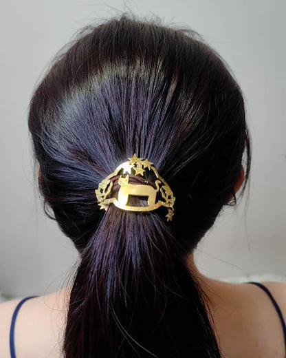 handmade brass kitty cat hair cuff, pony tail hook with stars and flowers design, by fake plastic love