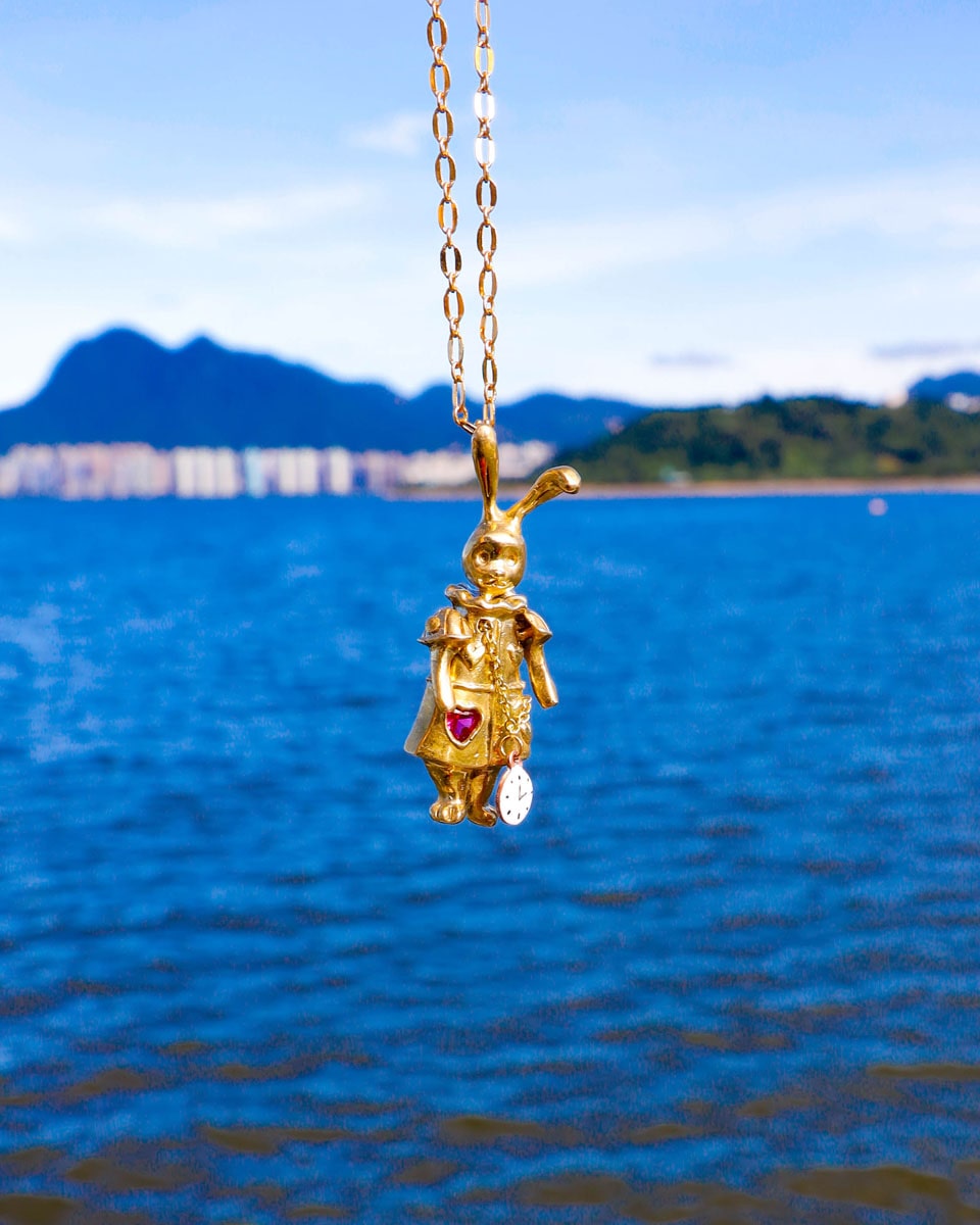 Articulated White Rabbit pendant with moving parts, Alice in wonderland inspired handmade jewellery, with enamel clock, and magenta CZ stone, by fake plastic love