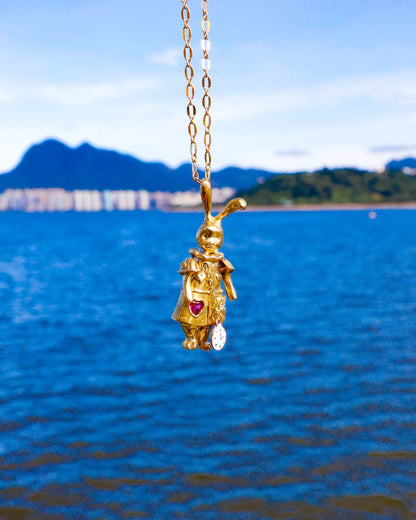 Articulated White Rabbit pendant with moving parts, Alice in wonderland inspired handmade jewellery, with enamel clock, and magenta CZ stone, by fake plastic love