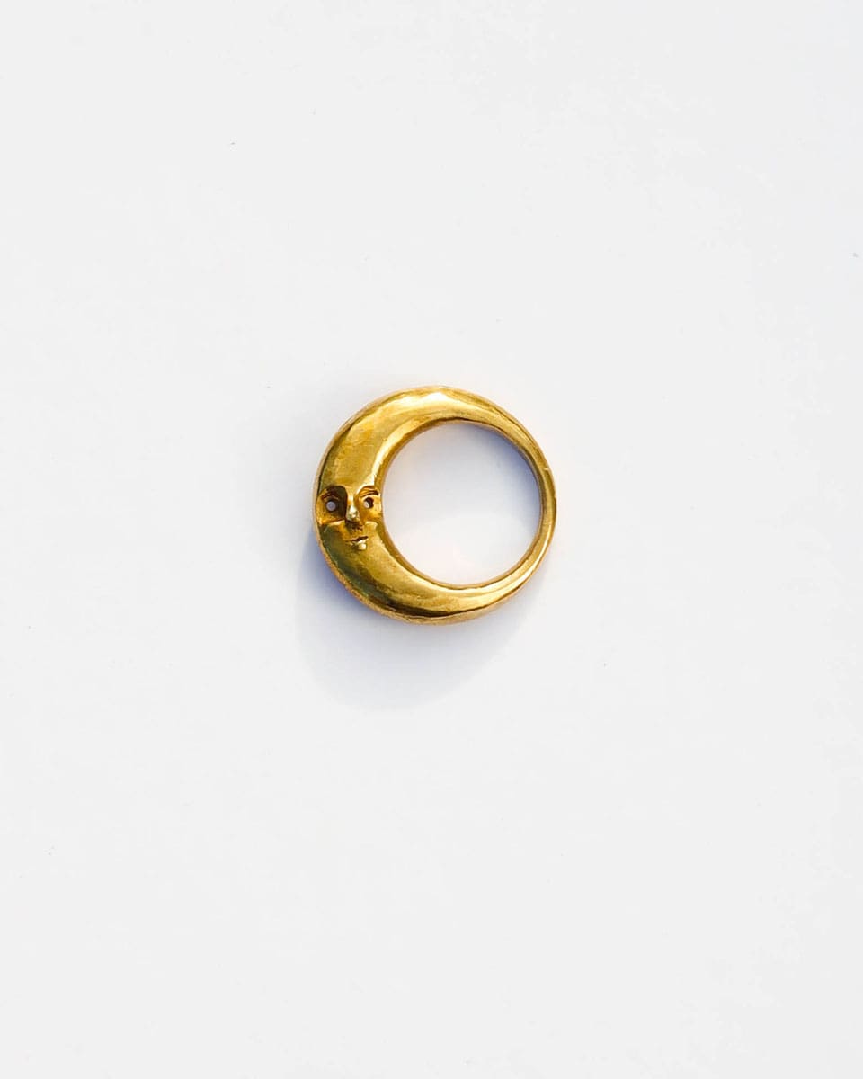 Solid brass Celestial full Moon Ring for Mid-Autumn Festival, featuring moon faces on the sides symbolizing family reunion and harmony
