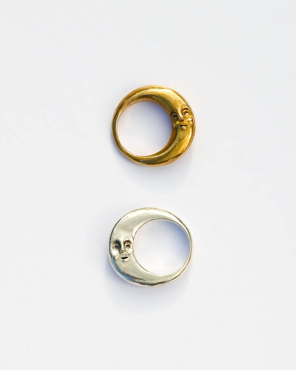Solid brass and sterling silver Celestial full Moon Rings for Mid-Autumn Festival, featuring moon faces on the sides symbolizing family reunion and harmony