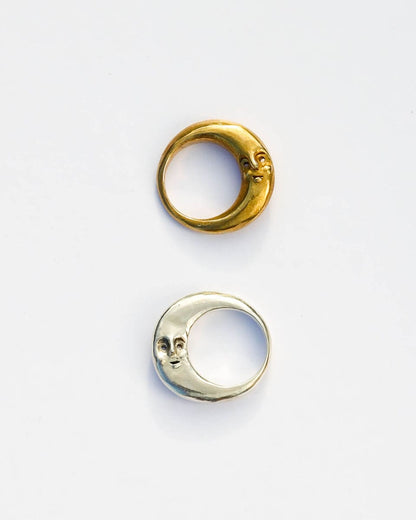 Solid brass and sterling silver Celestial full Moon Rings for Mid-Autumn Festival, featuring moon faces on the sides symbolizing family reunion and harmony