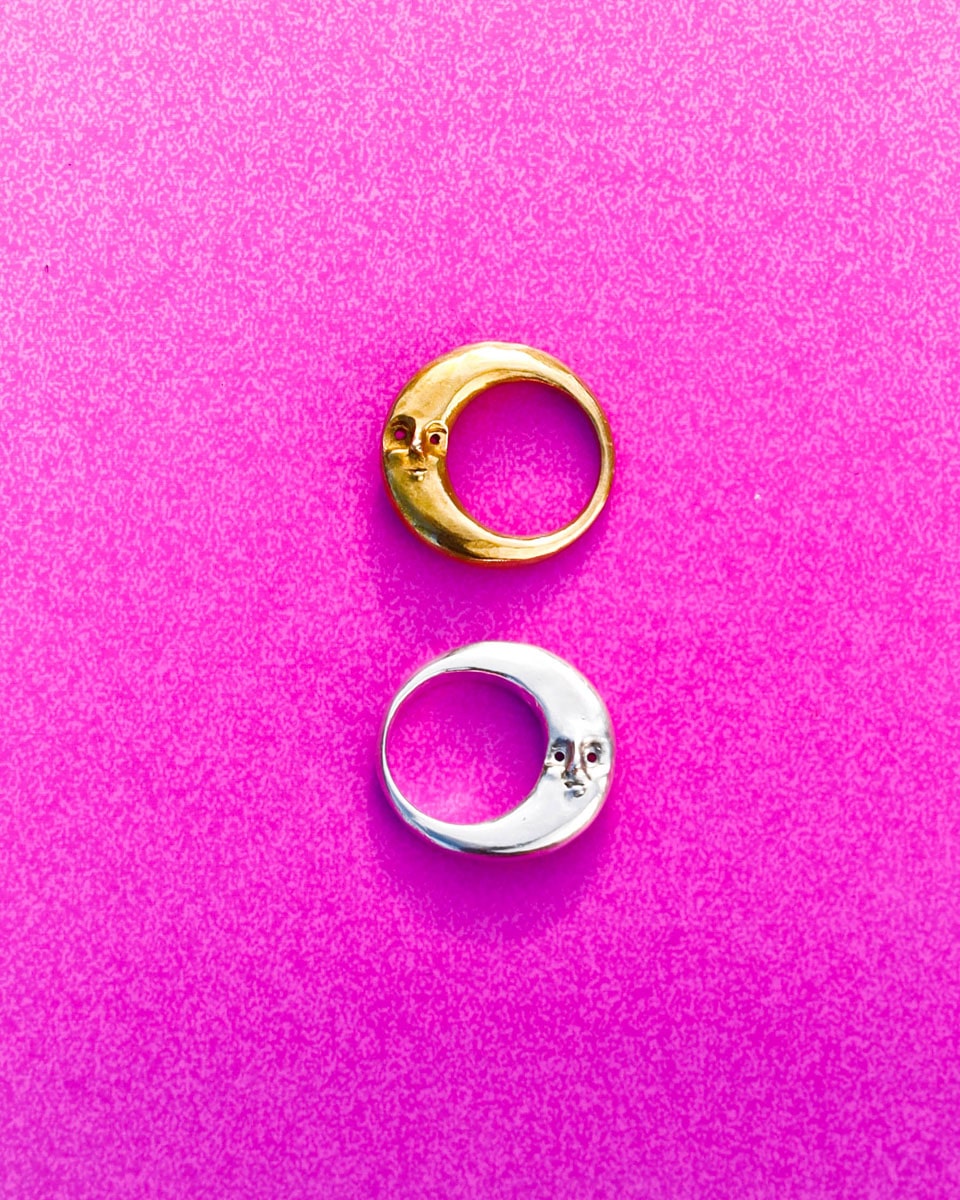 Solid brass  and sterling silver Celestial Moon Rings for Mid-Autumn Festival, featuring moon faces on the sides symbolizing family reunion and harmony
