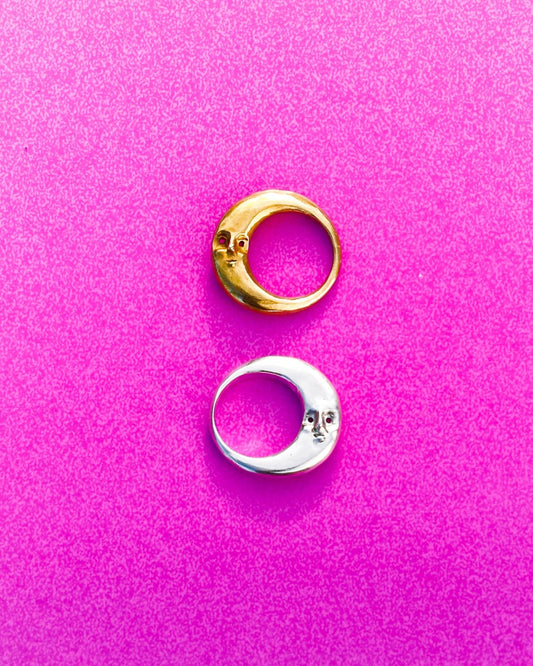 Solid brass  and sterling silver Celestial Moon Rings for Mid-Autumn Festival, featuring moon faces on the sides symbolizing family reunion and harmony