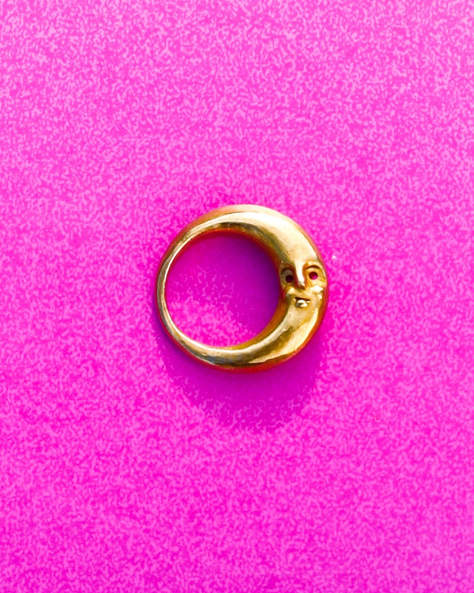 Solid brass Celestial full Moon Ring for Mid-Autumn Festival, featuring moon faces on the sides symbolizing family reunion and harmony