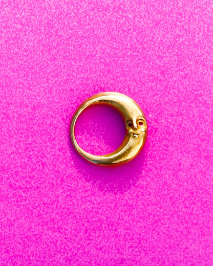 Solid brass Celestial full Moon Ring for Mid-Autumn Festival, featuring moon faces on the sides symbolizing family reunion and harmony