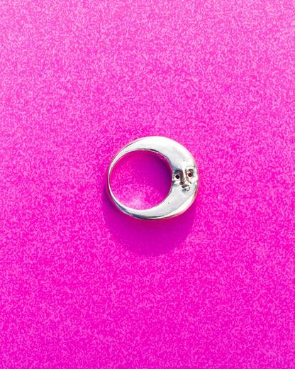 Solid sterling silver Celestial full Moon Ring for Mid-Autumn Festival, featuring moon faces on the sides symbolizing family reunion and harmony