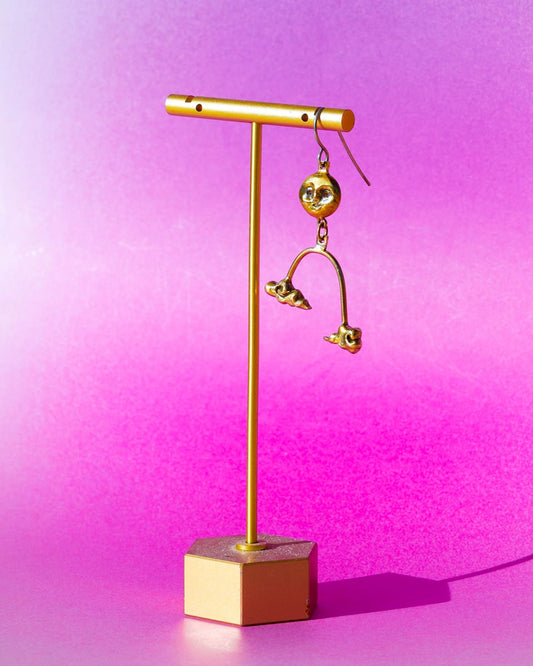 The Moon's Blessing celestial dangle earring in solid brass, featuring a full moon and two auspicious clouds