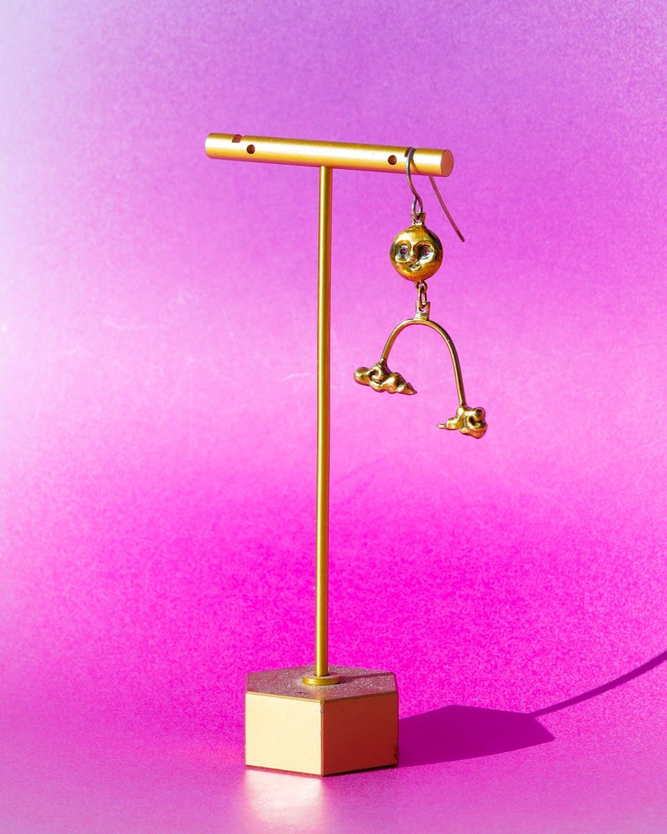The Moon's Blessing celestial dangle earring in solid brass, featuring a full moon and two auspicious cloud