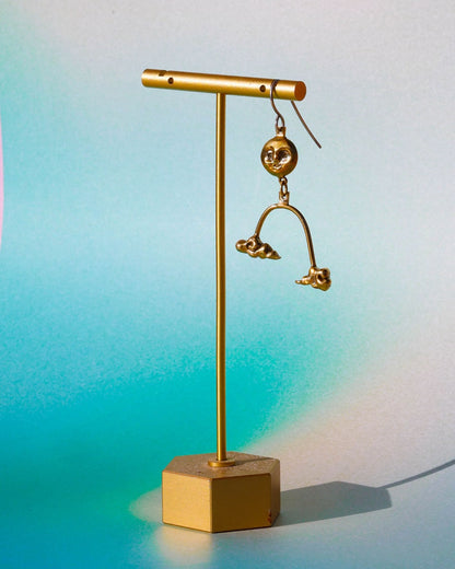 The Moon's Blessing celestial dangle earring in solid brass, featuring a full moon and two auspicious cloud