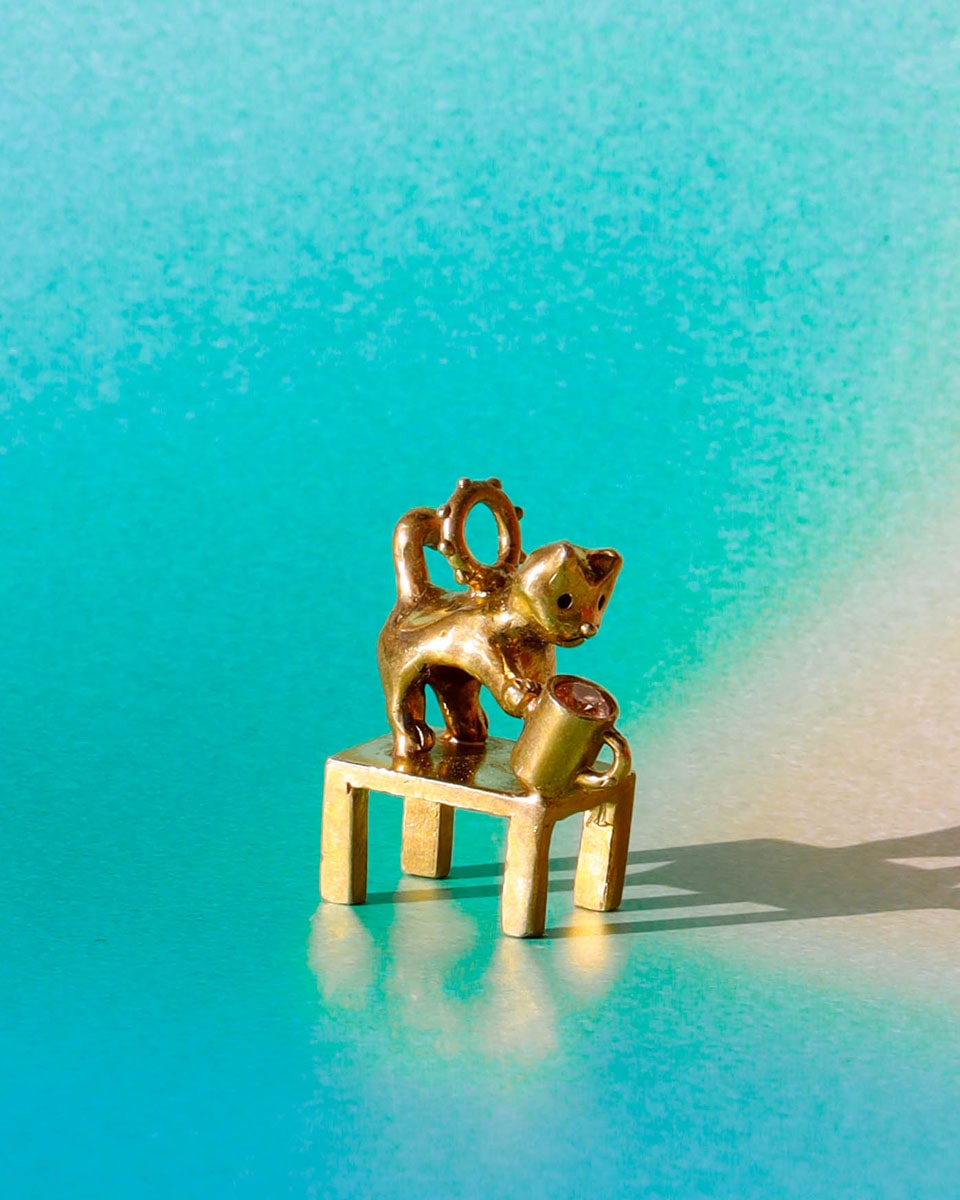 naughty kitty charm, cat pushing cup off table, set with cz stone, handmade jewellery, by fake plastic love