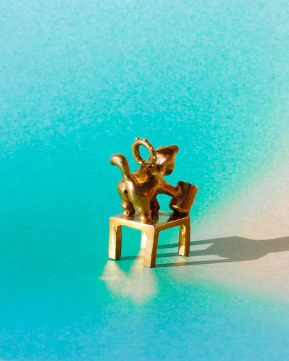 naughty kitty charm, cat pushing cup off table, set with cz stone, handmade jewellery, by fake plastic love