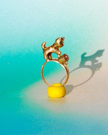 naughty kitty solid brass ring, cat pushing cup off ring band, set with cz stone, handmade jewellery, by fake plastic love
