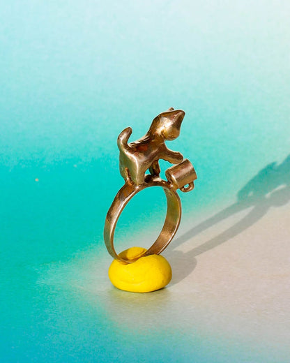 naughty kitty solid brass ring, cat pushing cup off ring band, set with cz stone, handmade jewellery, by fake plastic love