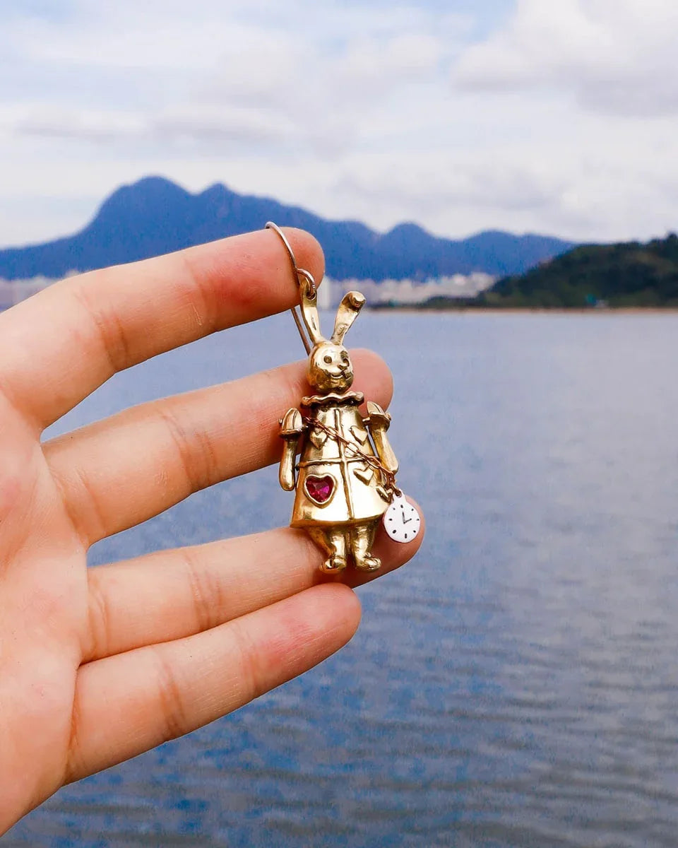 Articulated White Rabbit Earring with moving parts, Alice in wonderland inspired handmade jewellery, with enamel clock, and magenta CZ stone, by fake plastic love