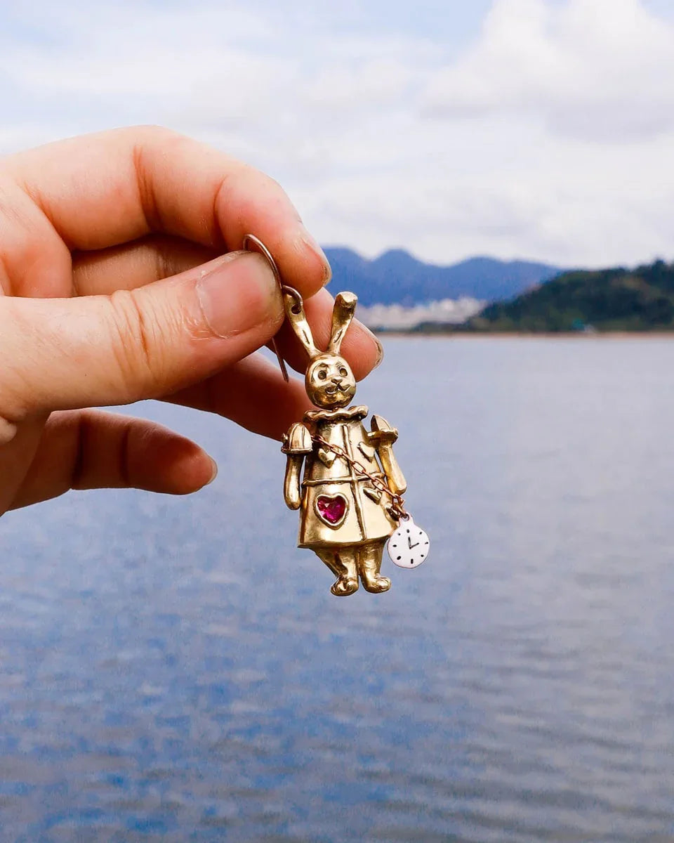 Articulated White Rabbit Earring with moving parts, Alice in wonderland inspired handmade jewellery, with enamel clock, and magenta CZ stone, by fake plastic love