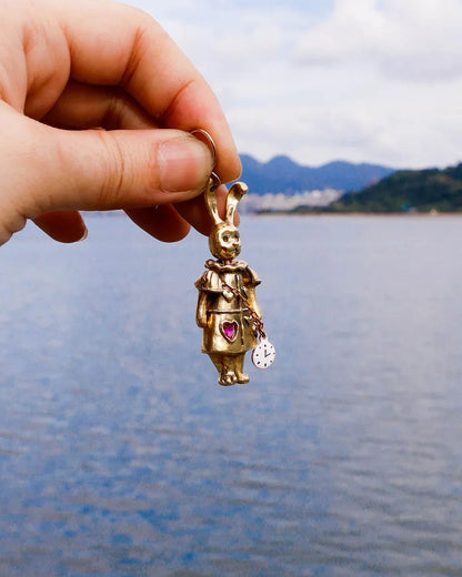 Articulated White Rabbit Earring with moving parts, Alice in wonderland inspired handmade jewellery, with enamel clock, and magenta CZ stone, by fake plastic love