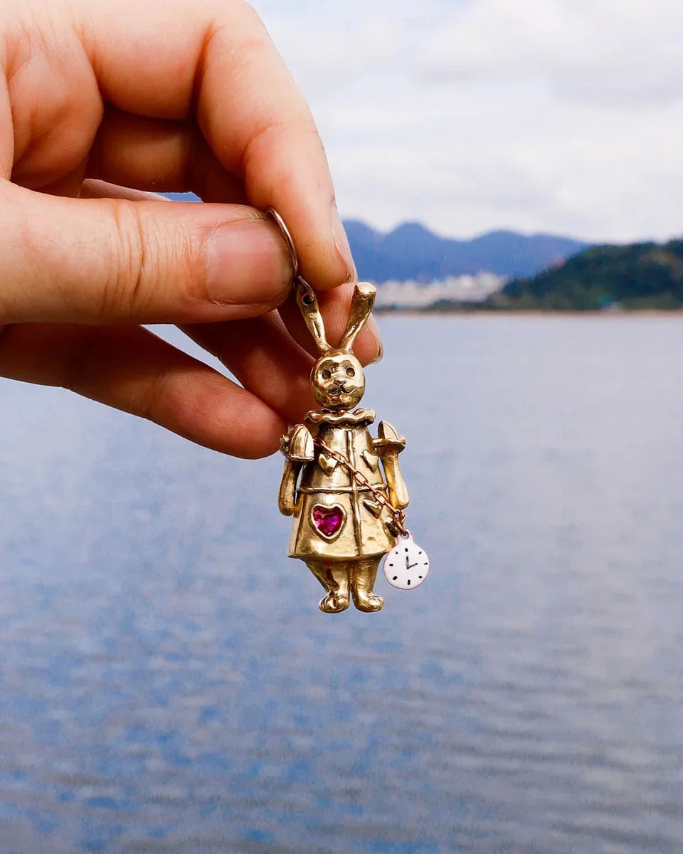 Articulated White Rabbit Earring with moving parts, Alice in wonderland inspired handmade jewellery, with enamel clock, and magenta CZ stone, by fake plastic love