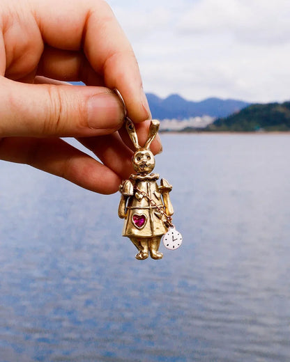 Articulated White Rabbit Earring with moving parts, Alice in wonderland inspired handmade jewellery, with enamel clock, and magenta CZ stone, by fake plastic love