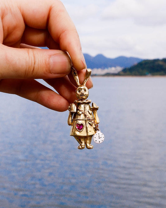 Articulated White Rabbit Earring with moving parts, Alice in wonderland inspired handmade jewellery, with enamel clock, and magenta CZ stone, by fake plastic love