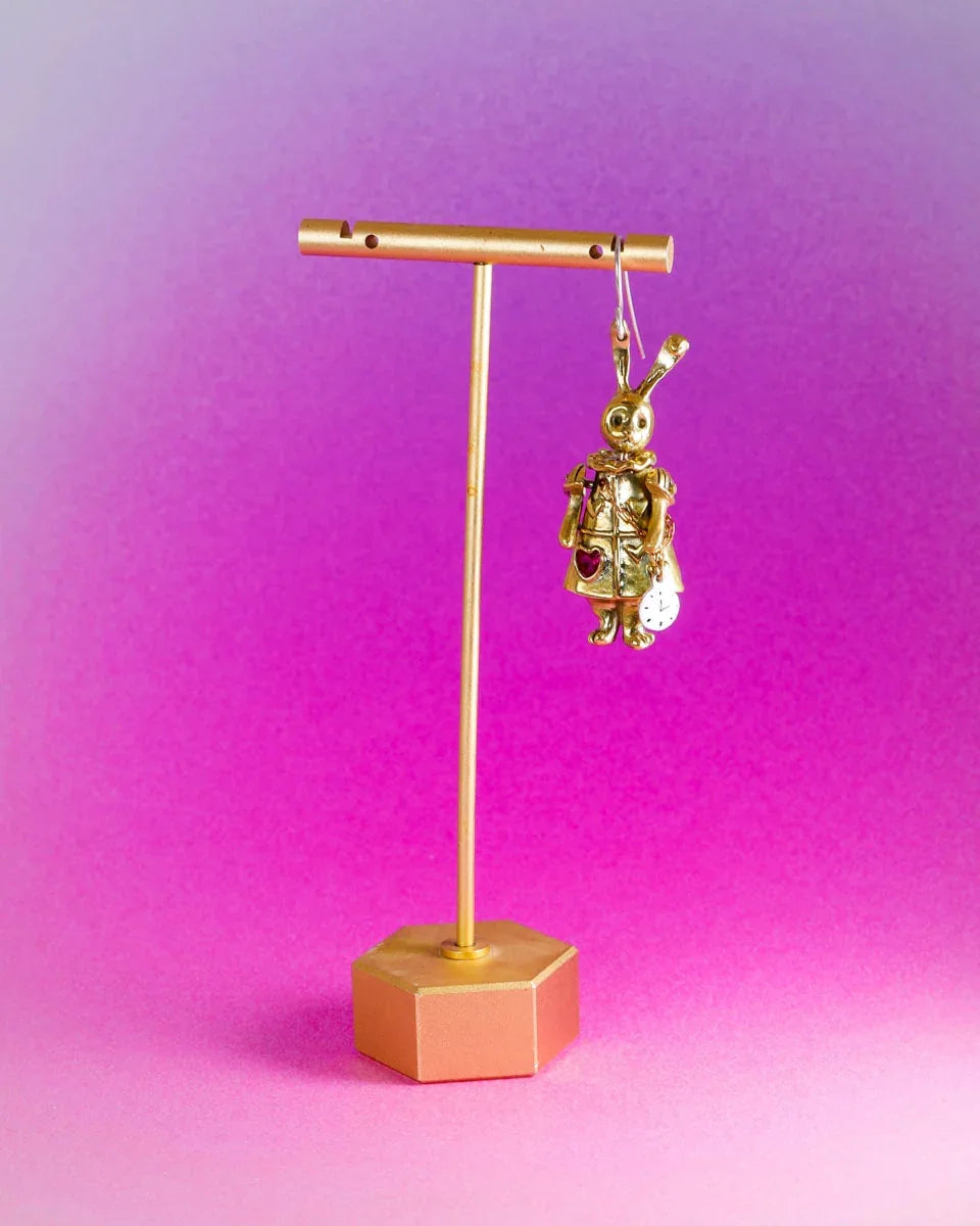 Articulated White Rabbit Earring with moving parts, Alice in wonderland inspired handmade jewellery, with enamel clock, and magenta CZ stone, by fake plastic love