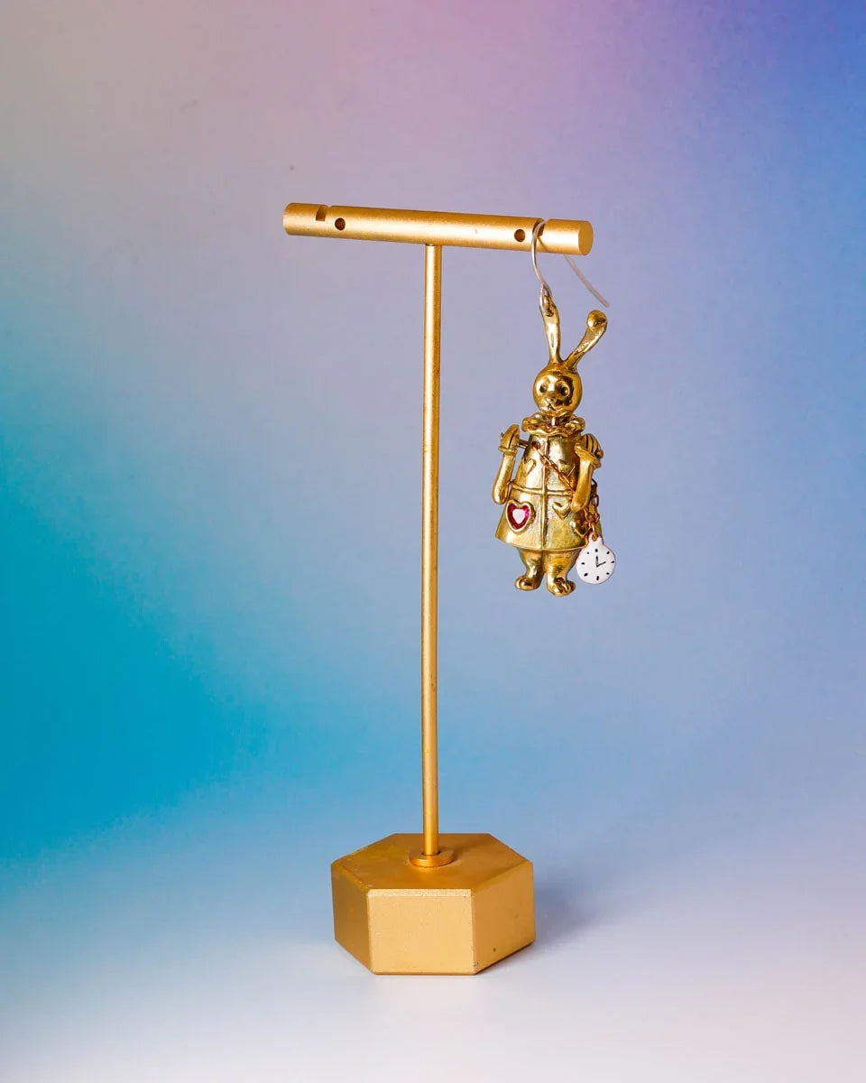 Articulated White Rabbit Earring with moving parts, Alice in wonderland inspired handmade jewellery, with enamel clock, and magenta CZ stone, by fake plastic love