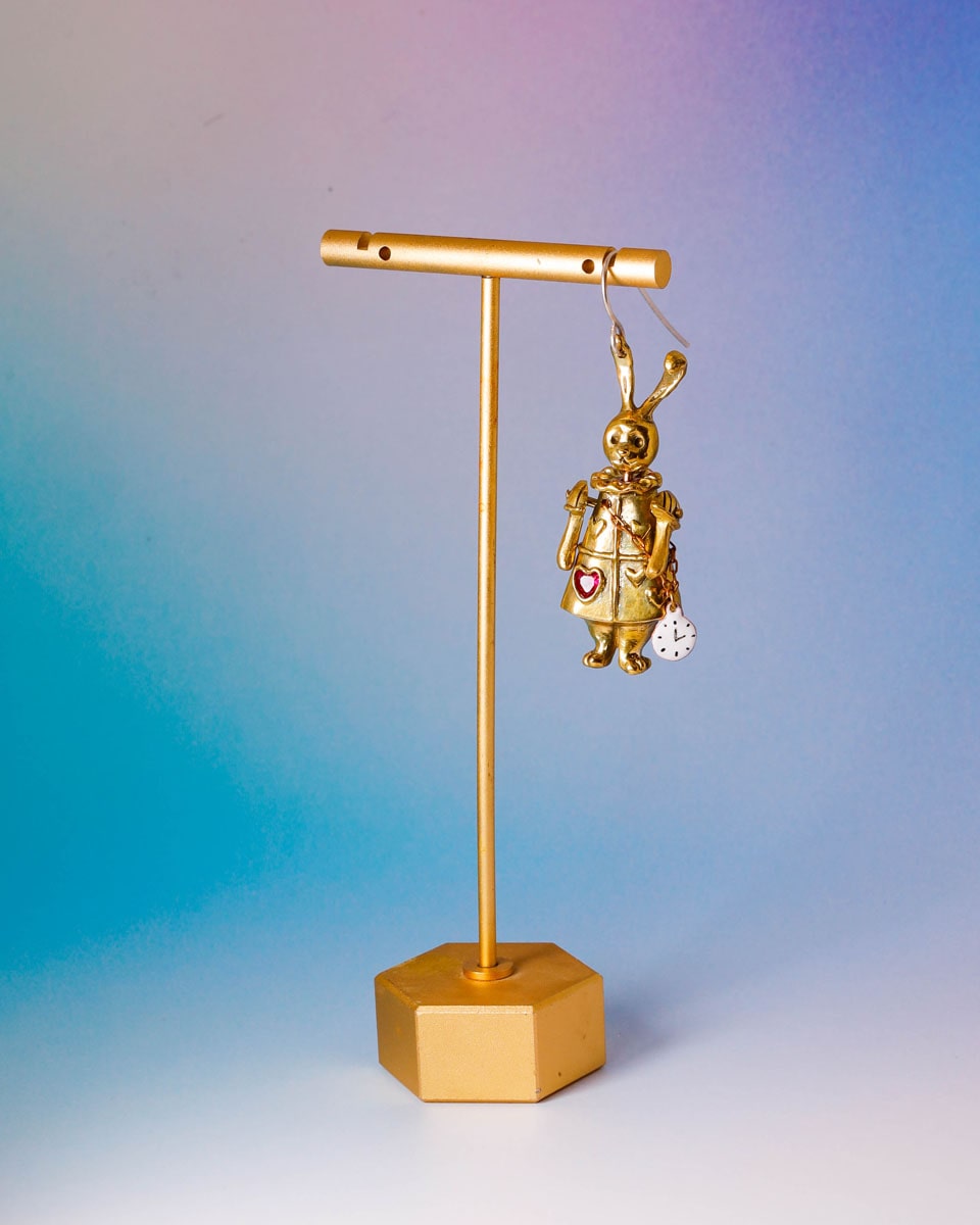 Articulated White Rabbit Earring with moving parts, Alice in wonderland inspired handmade jewellery, with enamel clock, and magenta CZ stone, by fake plastic love